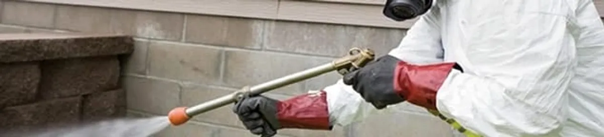 Pest control technician applying exterior insect treatment along a home foundation in San Diego, CA