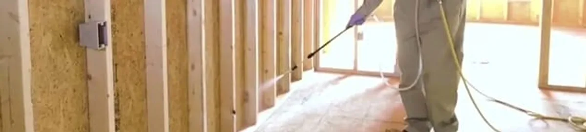 Termite treatment technician applying spray along framing and unfinished walls in San Diego, CA
