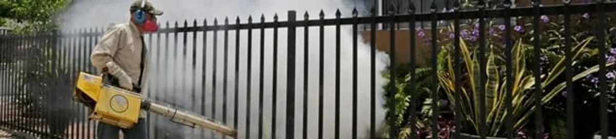 Mosquito control technician fogging a yard perimeter for mosquito reduction in San Diego, CA